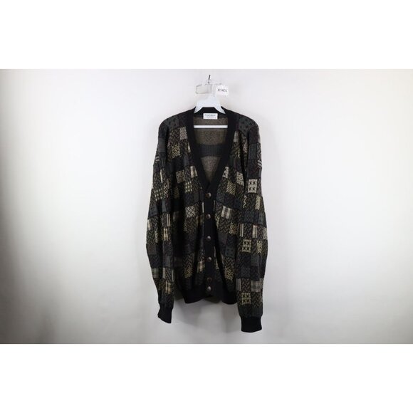 Vtg 90s Coogi Style Mens L Ed Bassmaster Rainbow Checkered Knit Cardigan Sweater